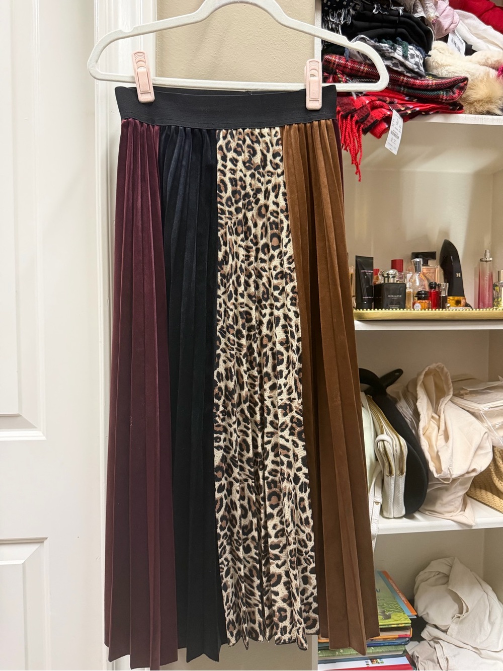 Chicwish Colorblock Pleated Midi Skirt - Burgundy, Black, Leopard, Brown